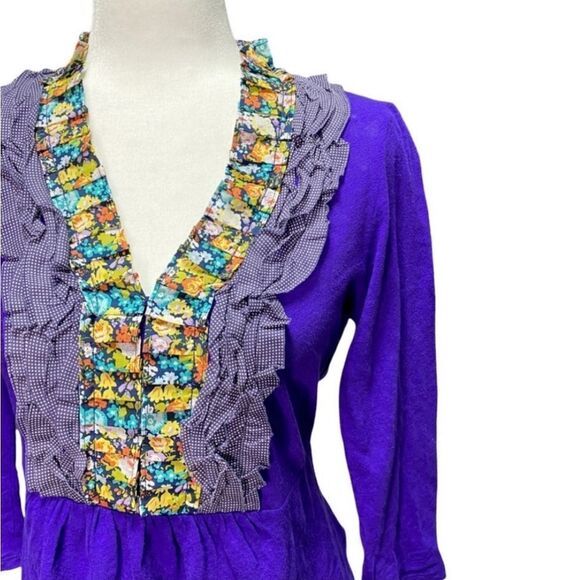 NWT Anthropologie Deletta Blouse with Tuxedo Ruffles Indigo Blue - Picture 3 of 5